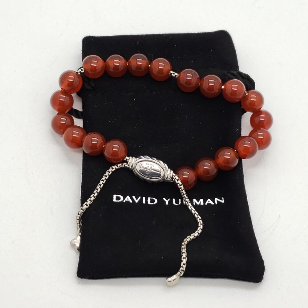 David Yurman Sterling Silver 8mm Carnelian Spiritual Bead Beaded Pull Bracelet